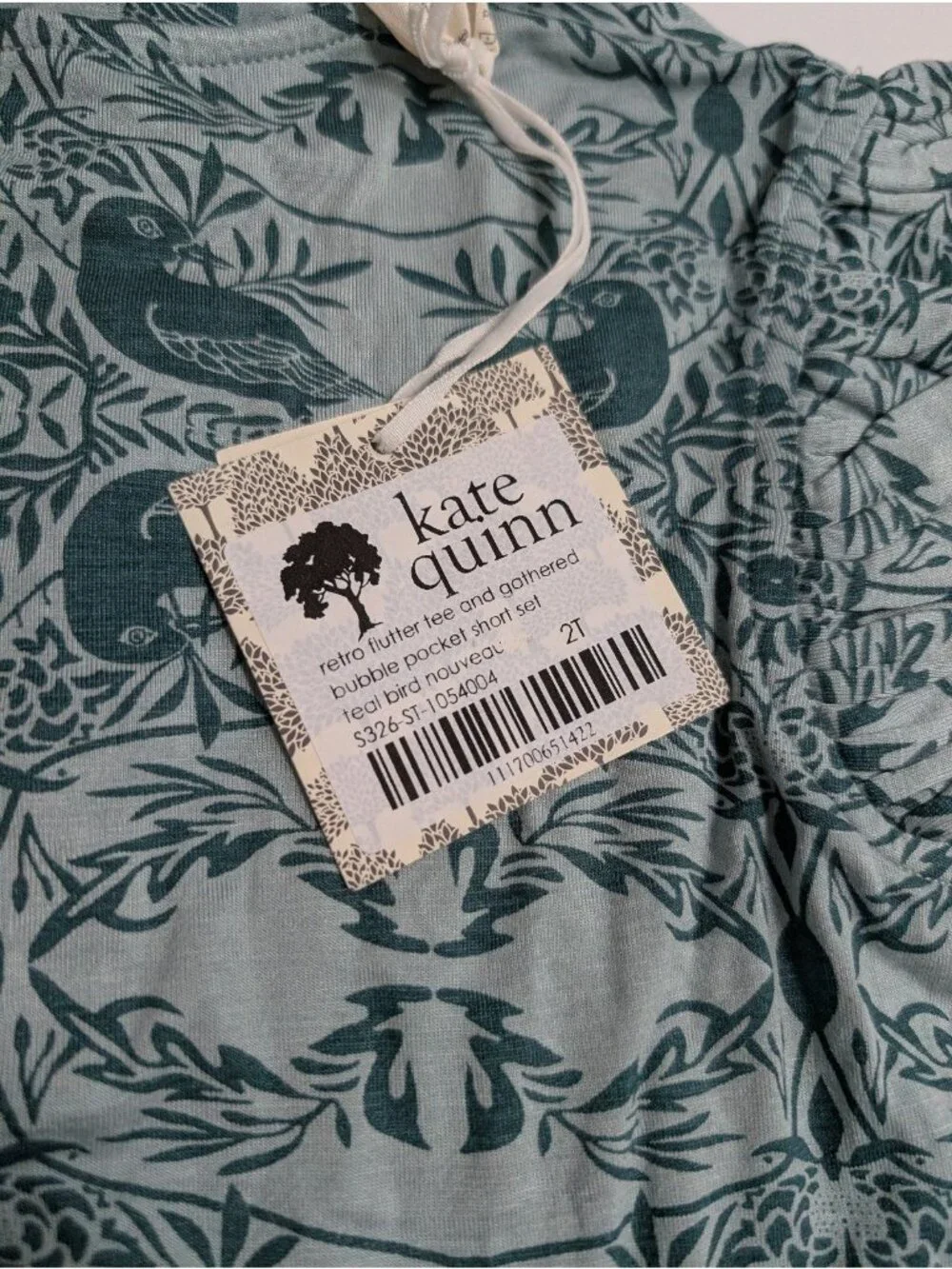 Kate Quinn Modal 2T Teal Bird Nouveau  Flutter Sleeve Tee Pocket Shorts Set